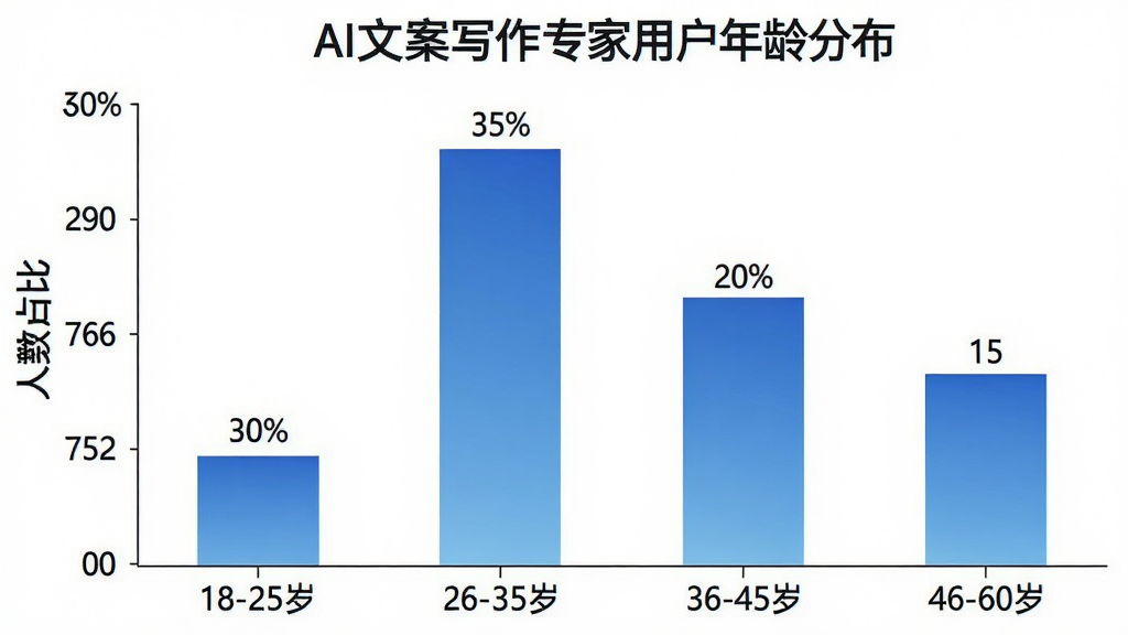 一张展示AI文案写作专家用户年龄分布的柱状图,横轴标注年龄段“18-25岁”“26-35岁”“36-45岁”“46-60岁”,纵轴标注人数占比,柱子高度分别显示约30%、35%、20%、15%,图表配色为蓝色系渐变,背景为白色,风格简洁商务,数据标签清晰,画质干净无多余元素