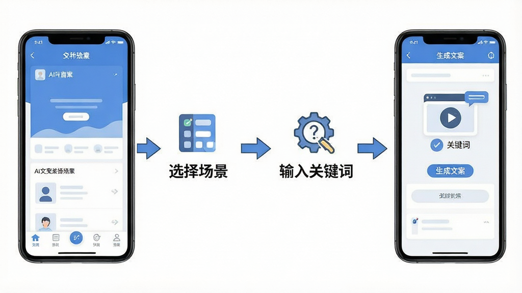 一张展示AI文案写作专家新手操作流程的示意图,画面左侧是一部手机显示软件首页,中间用箭头指向“选择场景”步骤,再指向“输入关键词”步骤,最后指向“生成文案”结果页面,每个步骤配有简洁的图标和文字标注,背景为白色,风格扁平化信息图设计,布局清晰,画质干净无多余元素