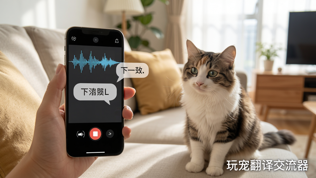 玩宠翻译交流器使用场景示意图,一只手拿着手机对着沙发上的猫咪录音,手机屏幕显示录音波形和翻译结果气泡,背景为居家客厅环境,光线明亮温馨,画面右下角有\