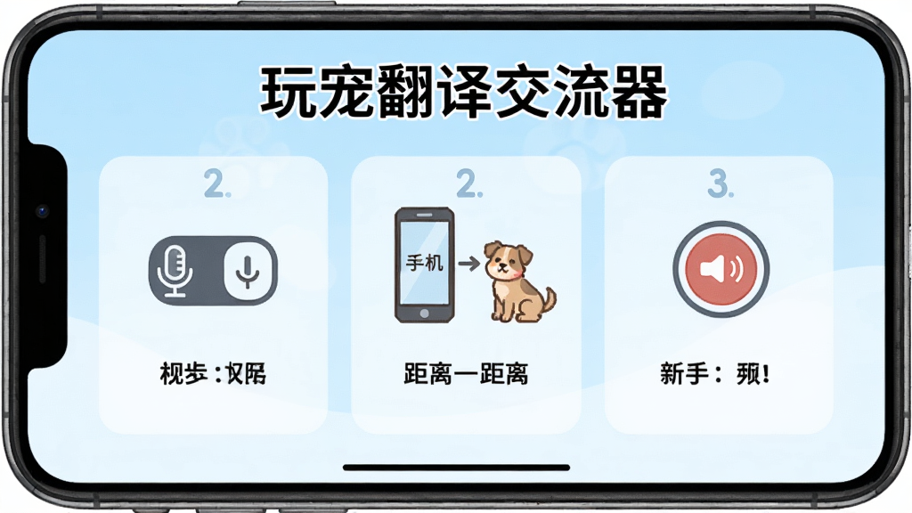 玩宠翻译交流器新手引导页面展示,手机屏幕显示三步图文教程,第一步图标为麦克风权限开关,第二步图标为手机与宠物距离示意,第三步图标为录音按钮,页面顶部有\