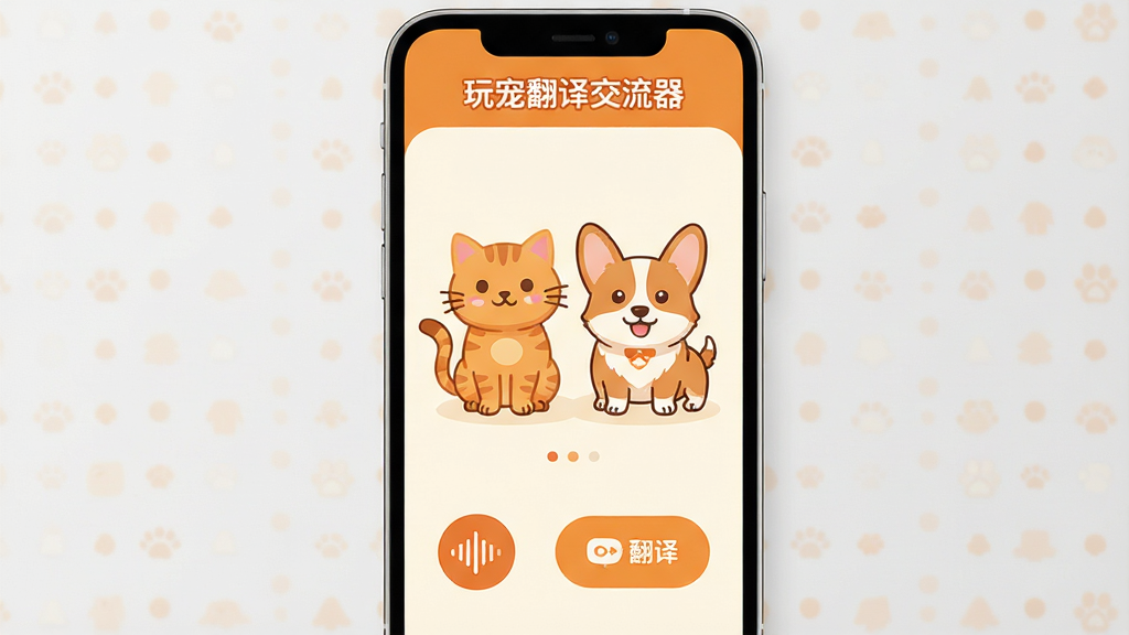 玩宠翻译交流器软件主界面全貌展示,手机屏幕中央显示一只橘猫和一只柯基的卡通形象,下方有录音波形图标和翻译按钮,界面以暖橙色和米白色为主色调,顶部标题栏写着\