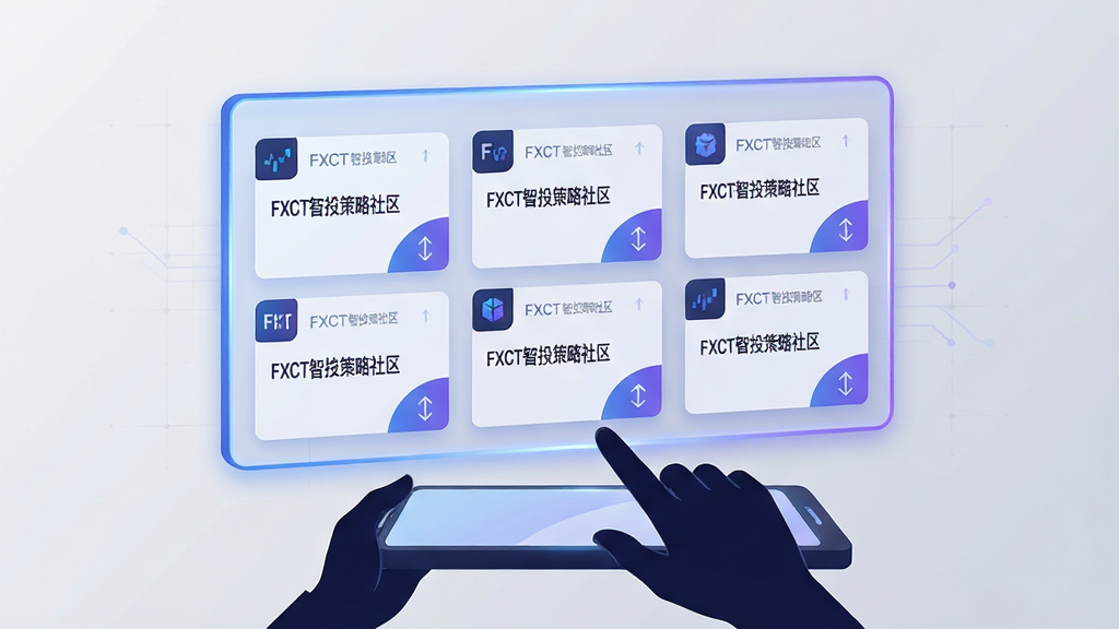 画面主体为一块悬浮在半空中的半透明信息面板,面板内整齐排列着多张“FXCT智投策略社区”的策略卡片,每张卡片左上角有小图标、中间是简短标题文字、右下角有向上或向下的箭头符号;面板下方是一双正在滑动屏幕的手的剪影;背景是浅灰色渐变,带有淡淡的网格纹理;风格为现代科技感扁平插画,蓝紫配色;细节上面板边缘有微光效果、卡片间距均匀;画质干净利落,无多余装饰元素。