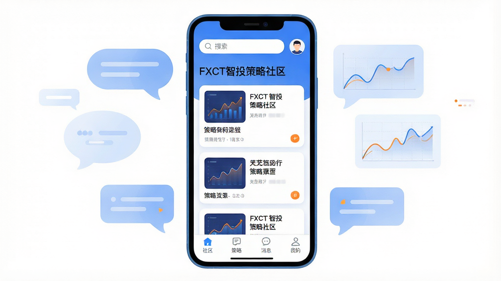 画面主体为一部智能手机居中放置,手机屏幕里展示“FXCT智投策略社区”的主界面布局,顶部是简洁的搜索栏和用户头像,中部是瀑布流式的策略卡片,每张卡片带有图表缩略图和标题文字,底部是社区、策略、消息、我的四个导航图标;手机周围环绕着半透明的对话气泡和折线图元素,象征社区交流与策略分析;整体采用扁平化插画风格,蓝白配色为主,点缀少量橙色高亮;细节上卡片圆角柔和、图标线条干净;画质清晰锐利,背景纯白无杂乱元素。