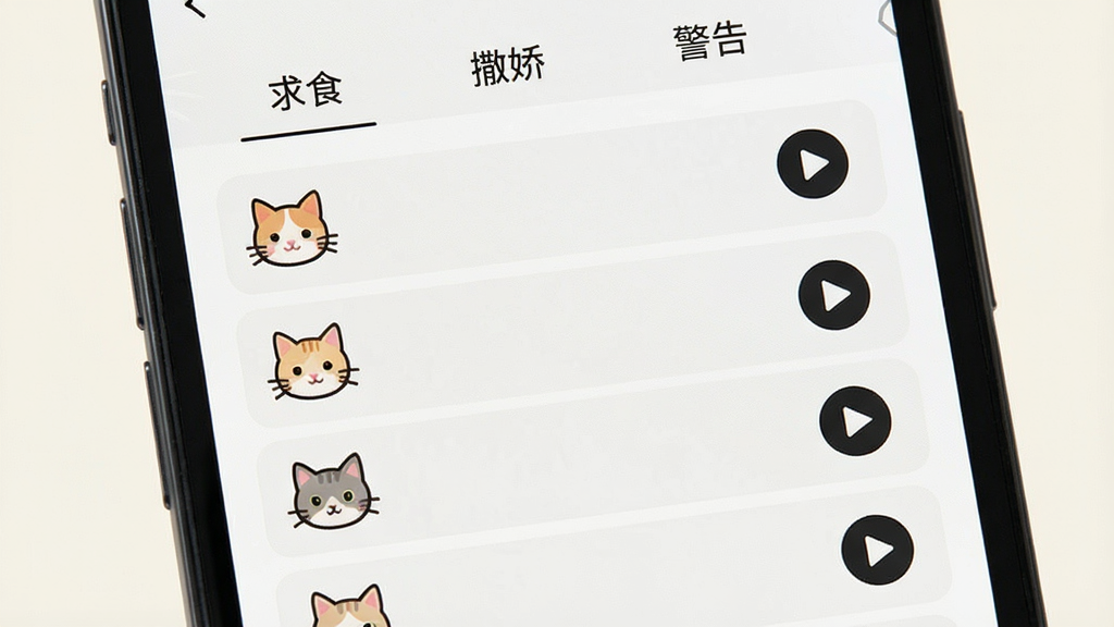 一张手机屏幕特写图,画面中展示猫咪Cats动物叫声软件的声音列表页面,屏幕上整齐排列着多个音频条目,每个条目左侧是猫咪小图标,右侧是播放按钮,顶部有分类标签栏写着“求食”“撒娇”“警告”等字样,背景为浅色,风格简洁现代,画质干净无多余元素