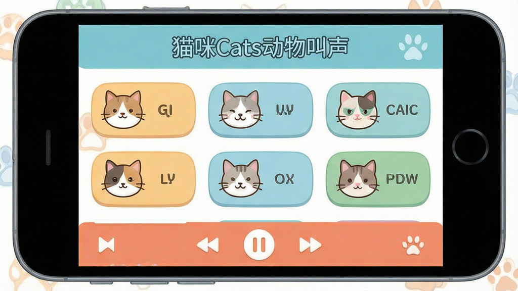 一张手机应用界面展示图,主体是一部智能手机,屏幕上显示着猫咪Cats动物叫声软件的主界面,布局为顶部是软件名称“猫咪Cats动物叫声”,中间是排列整齐的猫咪叫声分类按钮,每个按钮旁配有不同品种猫咪的小头像图标,底部是播放控制条,风格为扁平化卡通设计,细节圆润,画质干净清晰,无多余元素