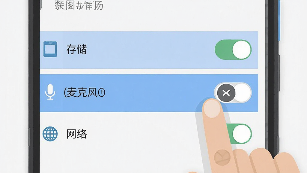 一张手机设置界面的示意图,画面中展示安卓系统的应用权限管理页面,高亮标注出“存储”“麦克风”“网络”等权限开关,旁边有手指正在点击关闭网络权限的图标,风格为扁平化信息图设计,配色清爽,画质干净无多余元素