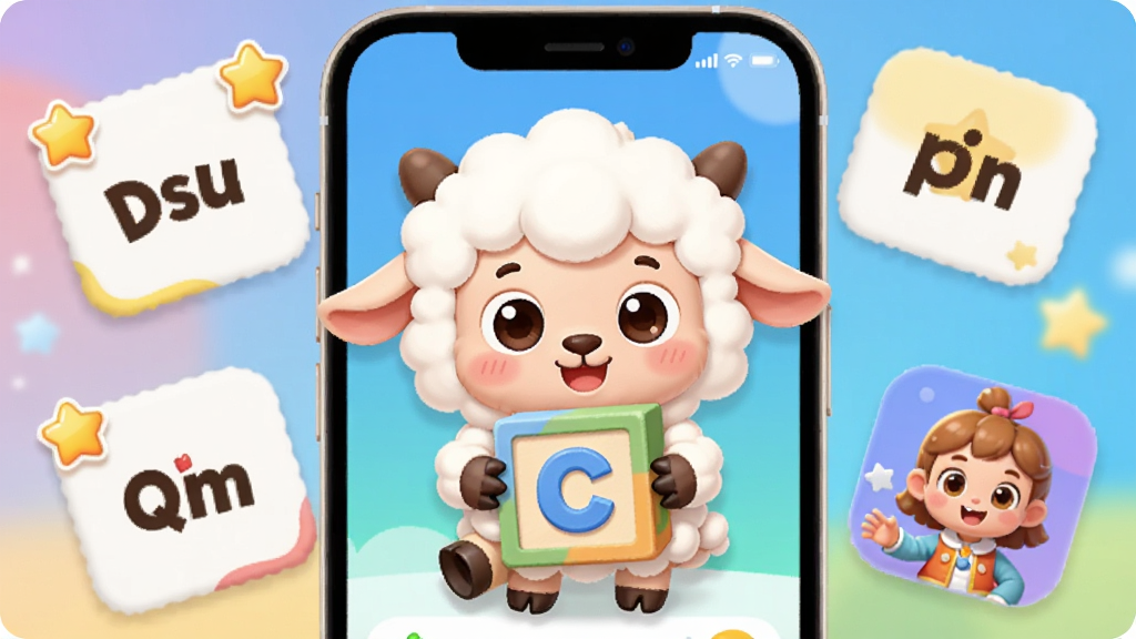 һ��չʾС����Ӣ��App��������ͼƬ������������һֻ��ͨС��������Ӣ����ĸ��ľ����Χ�����Ŷ�ͯӢ��ѧϰ����Ԫ���絥�ʿ�Ƭ��С���ǽ���ͼ��Ͷ�����ɫ���������ֻ���Ļ������ʽ���֣����Ϊ�������õĿ�ͨ�磬ϸ�ڰ���Բ���ͼ�����ͽ���ɫ�����ʸɾ��������޶���Ԫ��