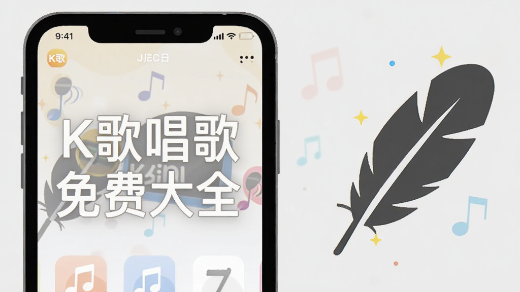 一张表现K歌唱歌免费大全轻量运行概念的示意图,画面左侧是一部手机显示软件界面和“K歌唱歌免费大全”文字,右侧是一个简洁的羽毛图标象征轻量,背景为浅灰色,整体风格扁平化设计,布局清晰,画质干净