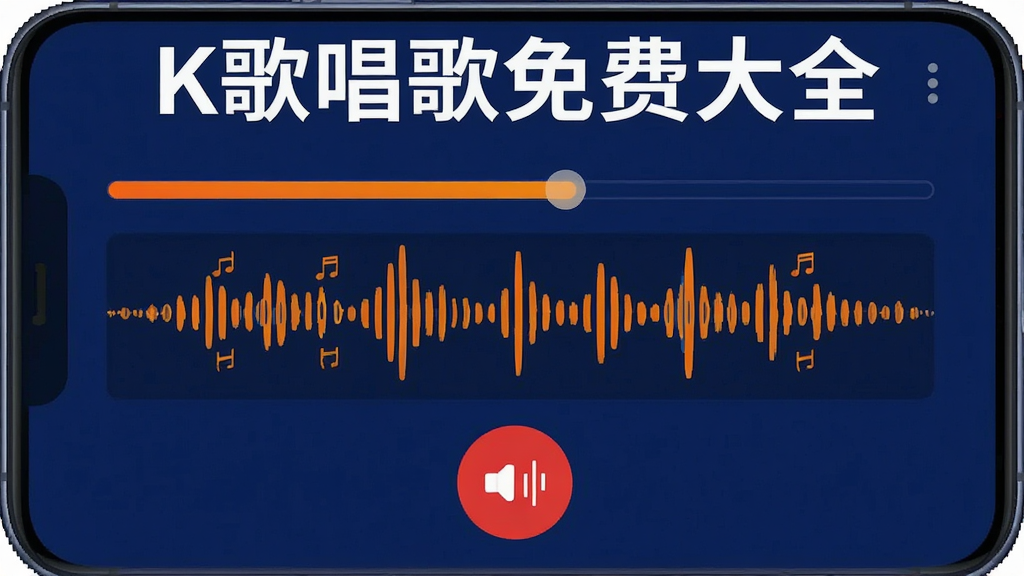 一张展示K歌唱歌免费大全录音界面的手机截图风格图片,画面中显示正在录制的歌曲进度条和跳动的音频波形,底部有红色的停止录音按钮,顶部标注“K歌唱歌免费大全”字样,整体配色以深蓝和亮橙为主,风格简洁直观,画质清晰