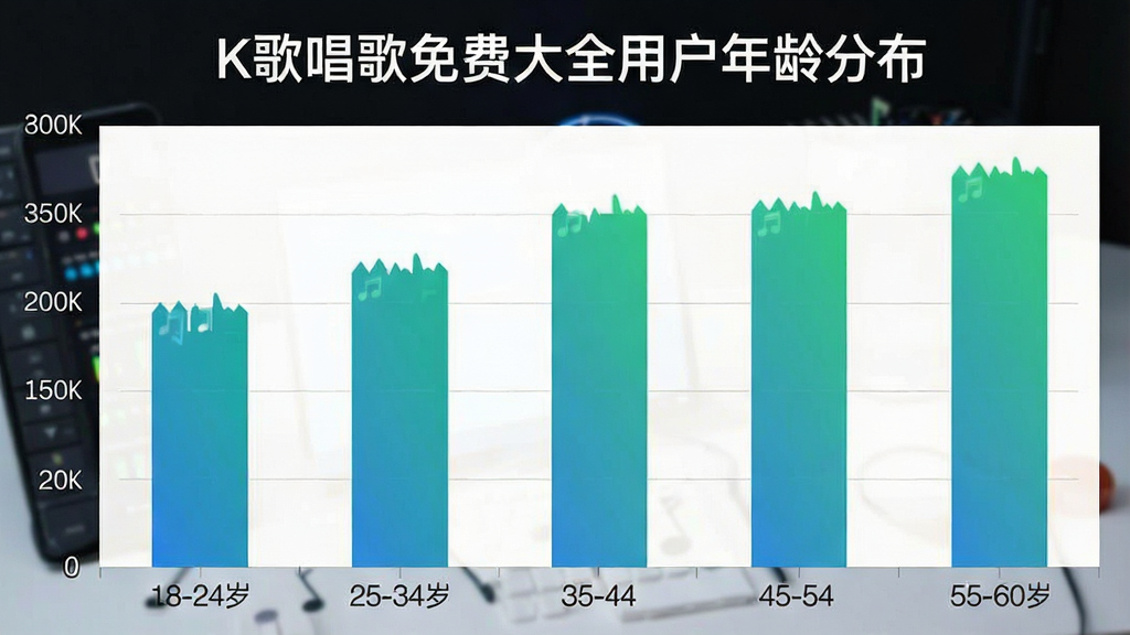 一张柱状图展示K歌唱歌免费大全用户年龄分布,横轴标注18-24岁、25-34岁、35-44岁、45-54岁、55-60岁五个年龄段,纵轴为百分比,柱子颜色为渐变的蓝绿色,图表上方标注“K歌唱歌免费大全用户年龄分布”文字,整体风格简洁数据可视化,画质干净