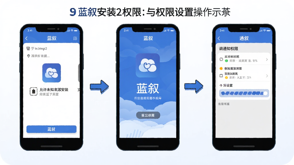 一张蓝叙安装与权限设置的操作示意图,画面为手机屏幕分步骤展示:第一步允许未知来源安装,第二步打开蓝叙应用,第三步在设置中调整通知权限,界面标注“蓝叙”字样,风格为教程类扁平插画,蓝白配色,步骤清晰,画质干净