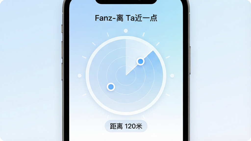 画面主体为一部手机屏幕特写,屏幕上显示着Fanz-离Ta近一点应用的界面,中间是一个简洁的圆形距离雷达图,上面有两个代表用户位置的小圆点,下方显示着“距离 120米”的文字标签,背景是浅蓝到白色的柔和渐变,布局居中对称,风格为现代扁平化UI设计,细节上图标圆润、文字清晰锐利,画质干净无多余元素,1080P高清。