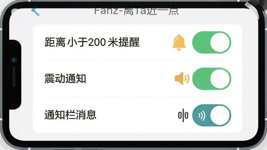 画面主体为Fanz-离Ta近一点应用的设置页面截图风格插画,页面上有“距离小于200米提醒”“震动通知”“通知栏消息”三个开关选项,旁边配有一个小铃铛和一个手机震动图标,布局为纵向列表式,风格为清爽的扁平化设计,细节上开关按钮有开和关的对比状态,画质干净无多余元素,高清。