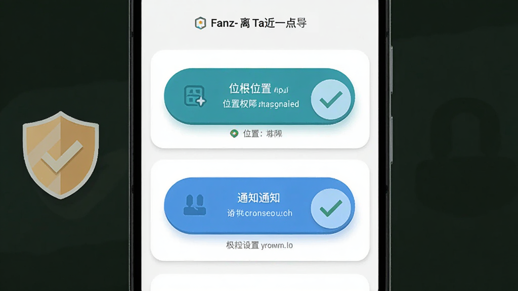 画面主体为一部安卓手机屏幕显示Fanz-离Ta近一点应用的权限设置引导页面,页面上有位置权限和通知权限两个大按钮,旁边配有一个盾牌图标和一个对勾标记,布局为纵向卡片式,风格为扁平化插画,细节上按钮有按压高亮效果、文字标注清晰,画质干净无多余元素,高清。