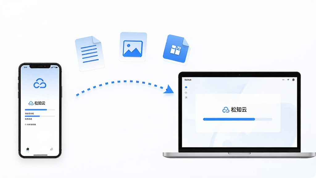 一张展示松知云文件同步功能的示意图,画面左侧是一部手机,右侧是一台笔记本电脑,中间用一条虚线箭头连接,箭头上方悬浮着几个文件图标(文档、图片、压缩包),手机和电脑屏幕上都显示松知云的同步进度条界面,整体风格简洁科技感,蓝白配色,画质干净