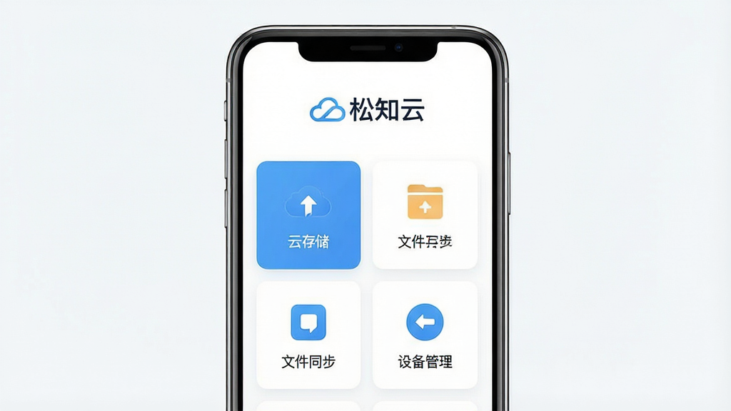 一张展示松知云App整体界面的手机样机图,画面中央是手机屏幕,屏幕内显示松知云App的主页,主页上方有“松知云”三个字的Logo,中间是简洁的功能卡片布局,包含云存储、文件同步、设备管理几个入口图标,配色以蓝白为主,背景干净,风格现代扁平化,画质清晰,无多余装饰元素