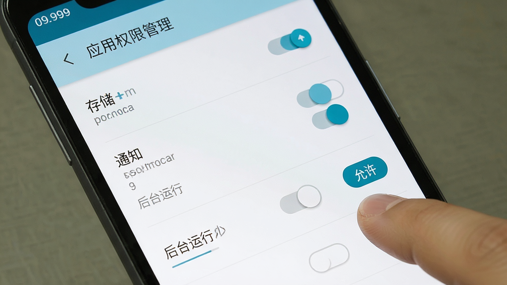 一张展示安卓手机设置界面的示意图,画面中手机屏幕显示“应用权限管理”页面,页面里列着存储、通知、后台运行等权限开关,旁边有一个手指正在点击“允许”按钮,界面风格为安卓原生设置界面,画质清晰,文字标签明确