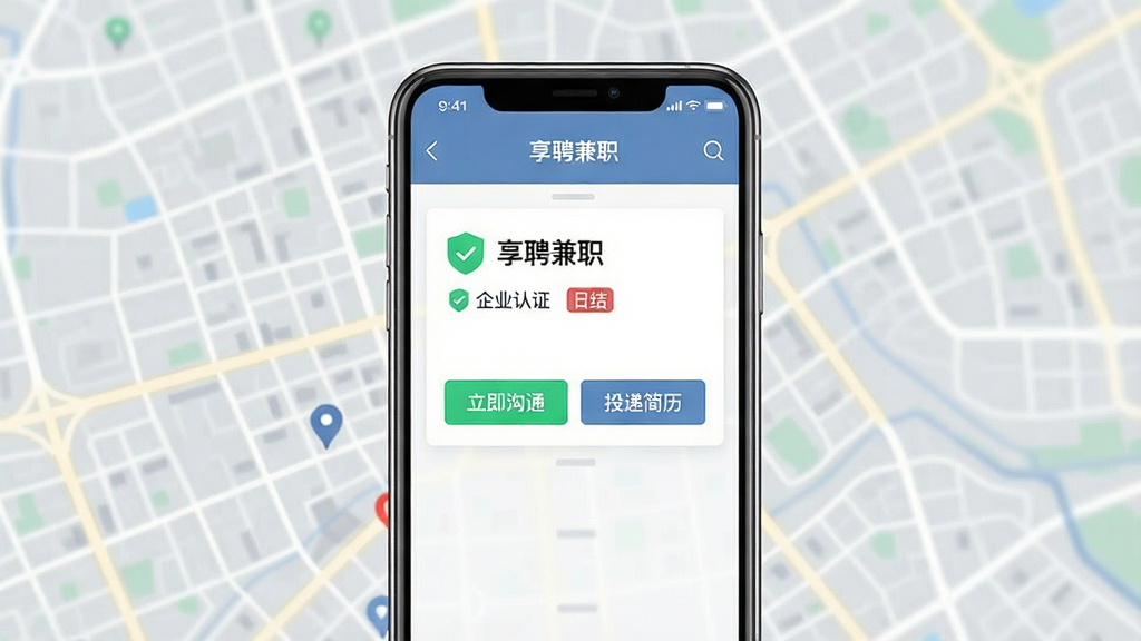 一张展示“享聘兼职”应用内岗位详情页的界面图,画面主体是一个手机屏幕,屏幕中显示“享聘兼职”的岗位卡片,卡片上有“企业认证”绿色徽章和“日结”标签,下方是“立即沟通”和“投递简历”两个按钮,背景是模糊的城市地图线条,风格清新商务,画质干净利落