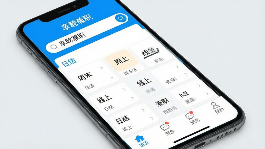 一张展示“享聘兼职”应用主界面的手机屏幕截图,画面中央是明亮的蓝白色调,顶部搜索栏写着“享聘兼职”字样,中间是分类清晰的兼职岗位卡片列表,包括“日结”“周末”“线上”等标签,底部导航栏有“首页”“消息”“我的”三个图标,整体布局简洁现代,风格扁平化,细节干净,画质清晰无多余元素