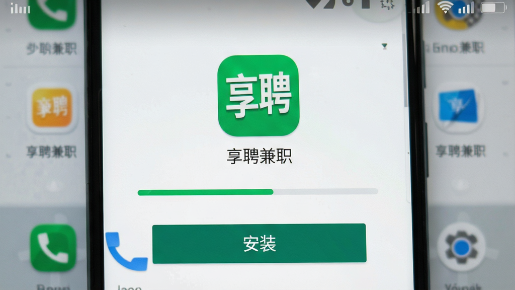 一张展示安卓手机安装“享聘兼职”应用过程的界面截图,屏幕中央显示安装进度条和“享聘兼职”应用图标,下方有“安装”按钮,背景是简洁的手机桌面,风格写实,画质清晰,无多余装饰
