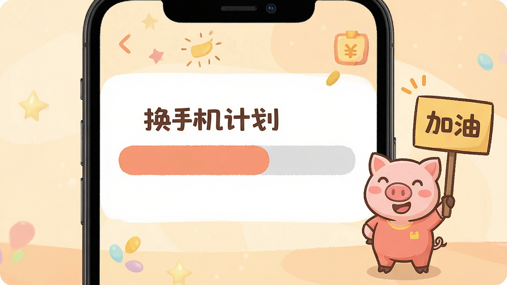 一张展示存钱目标进度界面的手机截图风格图片,画面中有一个写着“换手机计划”的进度条已填充大半,旁边是卡通小猪举着加油牌子,背景是柔和的暖色调,布局清晰,风格活泼,画质干净,无多余元素
