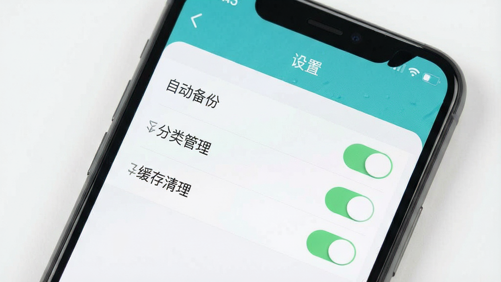 一张手机屏幕显示记账软件设置页面的图片,页面中包含“自动备份”“分类管理”“缓存清理”等选项开关,界面风格简洁扁平,配色清爽,画质干净,无多余元素