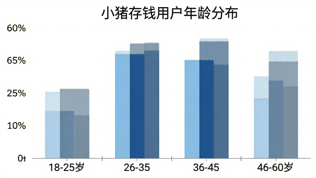 一张柱状图展示小猪存钱用户年龄分布,横轴为年龄段18-25岁、26-35岁、36-45岁、46-60岁,纵轴为用户占比,柱子颜色分别为浅蓝、天蓝、深蓝、灰蓝,图表简洁清晰,风格扁平,画质干净,无多余元素