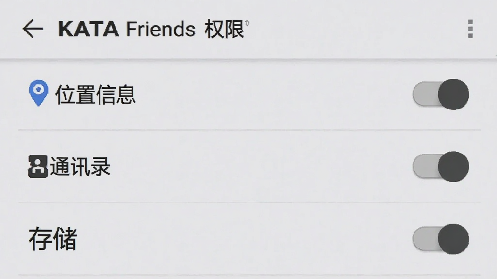手机设置界面展示 KATA Friends 权限管理页面,列表中有“位置信息”“通讯录”“存储”等开关选项,开关处于关闭状态,界面为安卓原生风格,背景浅色,文字清晰,画质干净