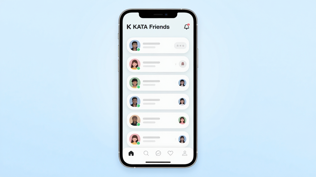 KATA Friends 应用主界面全貌展示,手机屏幕居中放置,屏幕内显示浅色社交聊天界面,顶部有“KATA Friends”文字标识,中间是好友列表卡片和圆形头像,底部为简洁的导航栏,背景为淡蓝色渐变,风格清新扁平化,细节干净圆润,画质清晰无多余元素