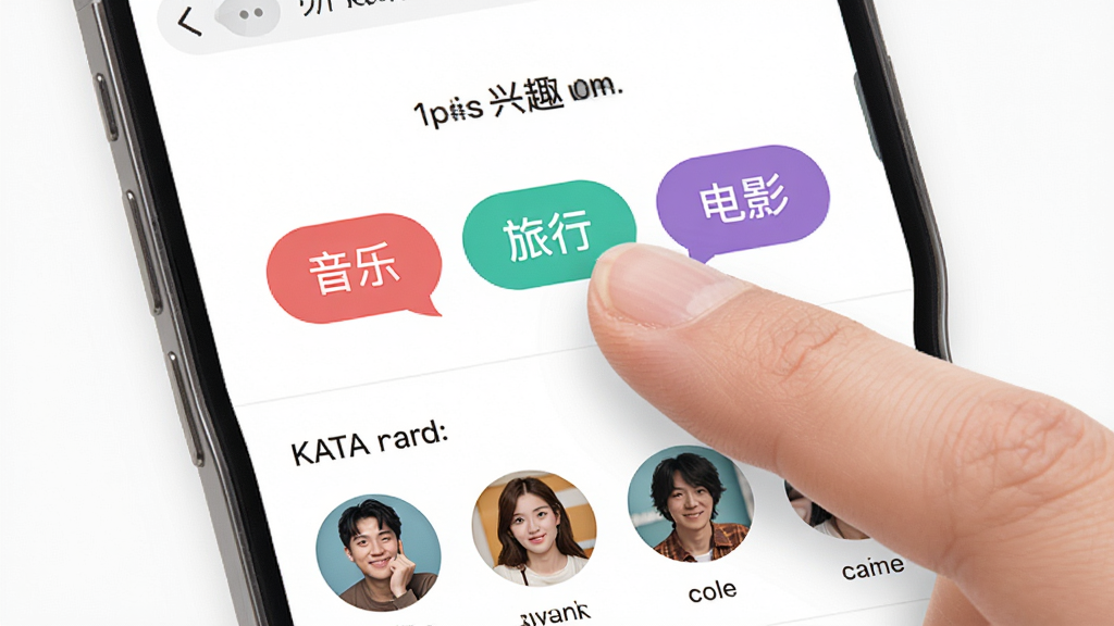 手机界面展示 KATA Friends 兴趣标签选择页面,屏幕中央有几个彩色标签气泡“音乐”“旅行”“电影”,手指点击其中一个标签,界面下方出现匹配好友头像列表,背景为白色简洁风格,画质干净,文字清晰
