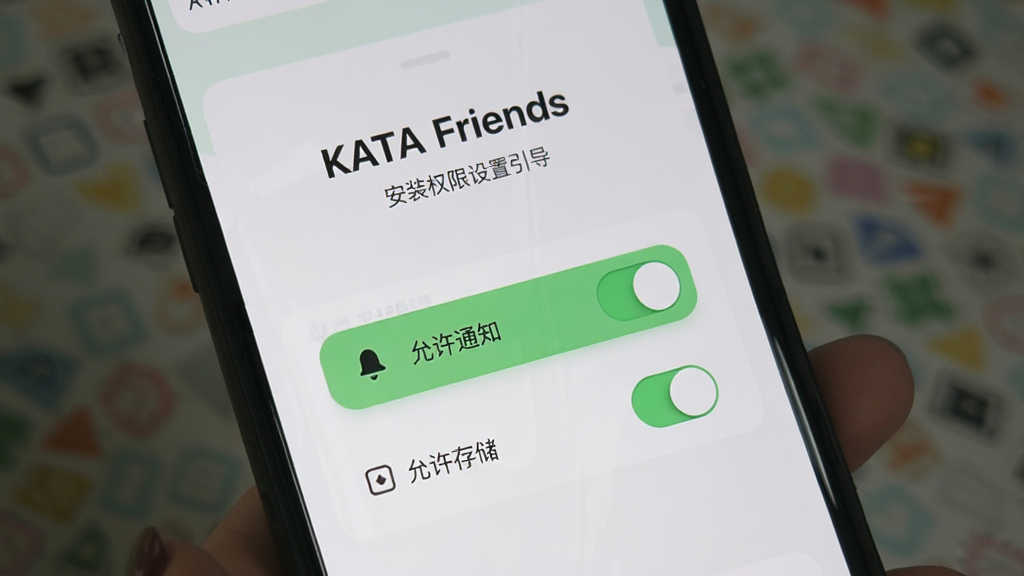 手机屏幕展示 KATA Friends 安装完成后的权限设置引导页面,界面有“允许通知”“允许存储”两个开关按钮,背景为浅色卡片式设计,风格简洁,画质干净,文字清晰