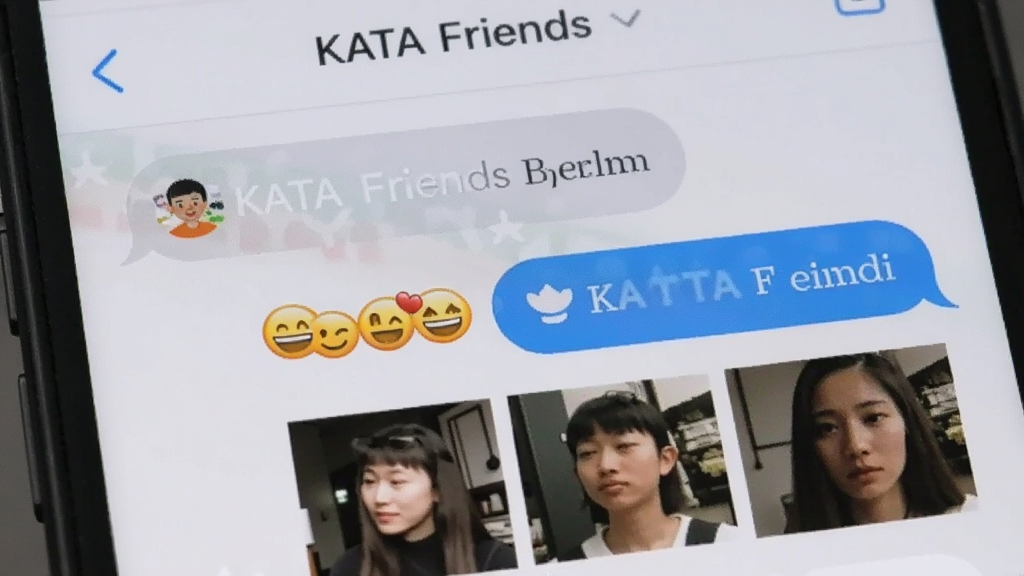 KATA Friends 聊天对话界面特写,手机屏幕显示双人对话气泡,左侧灰色气泡右侧蓝色气泡,中间有表情符号和图片缩略图,顶部显示好友昵称“KATA Friends”,背景为浅灰色,界面干净无广告,画质清晰