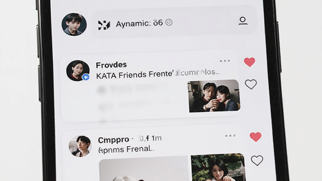 手机屏幕展示 KATA Friends 动态广场页面,上方是发布框,下方是卡片式动态列表,每张卡片有用户头像、文字内容和图片,界面右侧有爱心点赞图标,背景为白色,风格简约现代,画质干净