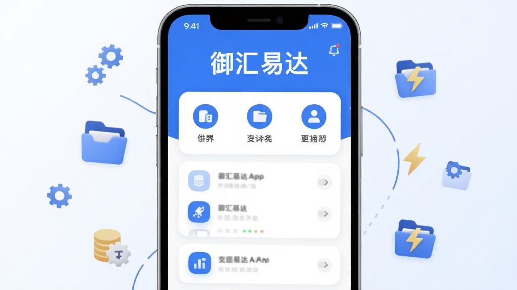 画面中央是手机屏幕展示御汇易达App主界面,上方写有