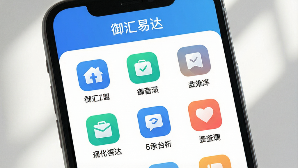 手机屏幕特写,展示御汇易达App的功能入口网格布局,每个图标下方配有中文文字标签,界面顶部显示