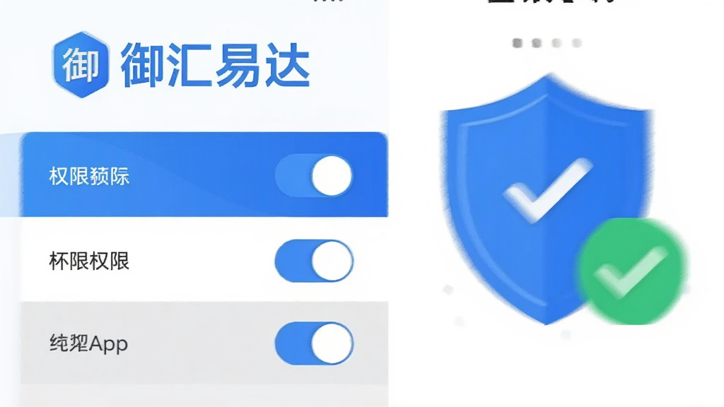 御汇易达App设置页面截图风格插画,画面中有权限开关列表和
