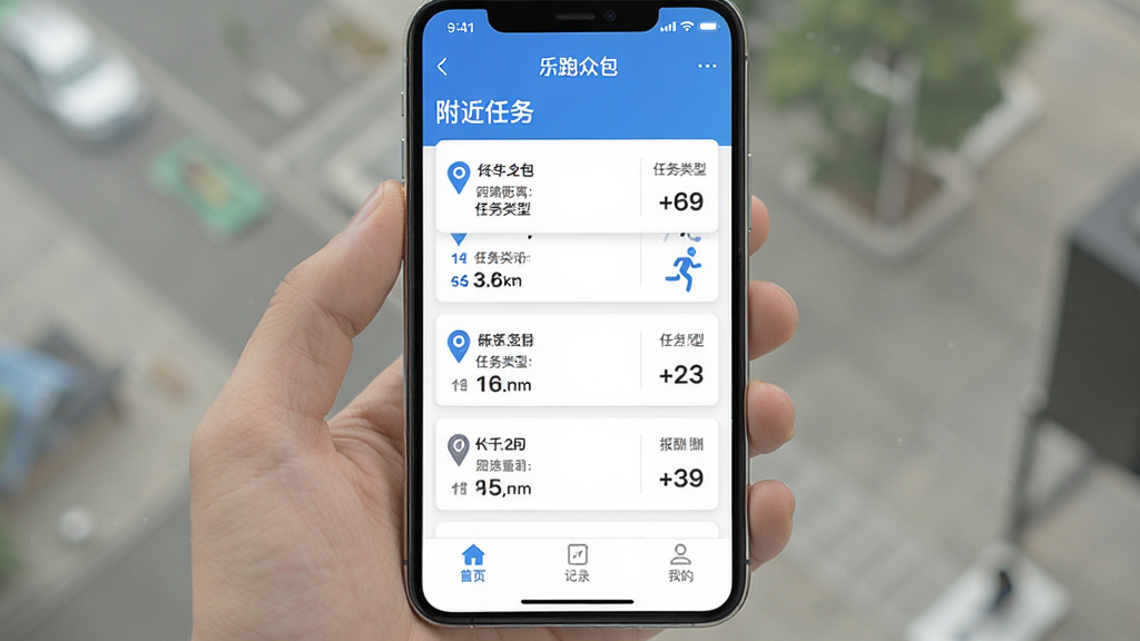 手机屏幕展示“乐跑众包”任务列表界面,顶部显示“附近任务”标题,中间是一列任务卡片,每张卡片包含距离、任务类型和报酬信息,底部为“首页”“记录”“我的”三个选项卡,整体布局清爽,蓝白配色,风格现代扁平,画质干净无多余元素