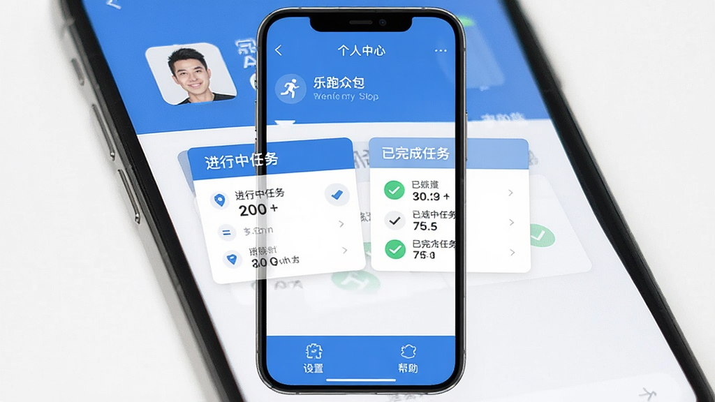 手机屏幕展示“乐跑众包”个人中心页面,顶部显示用户头像和昵称,中间是“进行中任务”和“已完成任务”两个卡片区域,底部为设置和帮助入口,整体布局简洁,蓝白配色,风格现代扁平,画质干净无多余元素