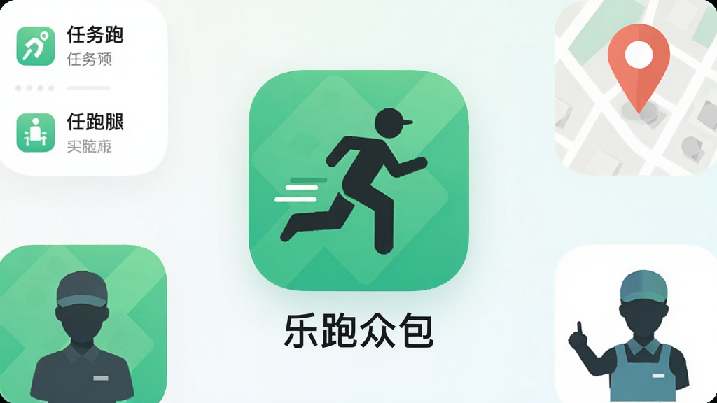 手机应用市场展示页面,画面中央是“乐跑众包”应用图标,图标下方显示应用名称“乐跑众包”,背景为简洁的浅色渐变,周围环绕任务列表、地图定位、跑腿小哥剪影等元素,整体布局清晰,风格现代扁平,细节圆润,画质干净无多余元素