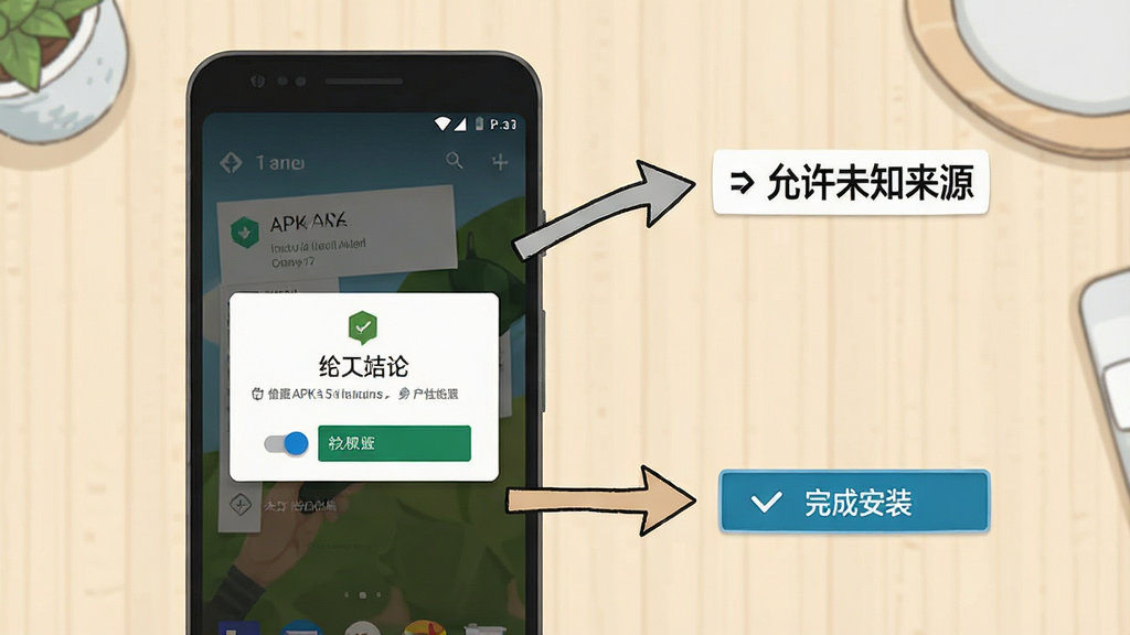 一张展示安卓手机安装APK文件的步骤示意图,画面中手机屏幕显示安装确认弹窗和权限开关界面,旁边有箭头指示「允许未知来源」和「完成安装」两个关键步骤,背景为浅色桌面环境,整体布局横向流程式,风格为简洁教程插图,细节清晰,画质干净,无多余元素