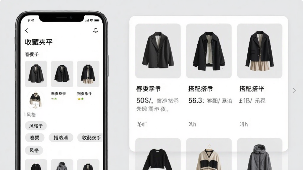 一张展示Young潮流平台收藏夹功能的界面示意图,画面左侧是手机屏幕显示收藏夹列表,按春夏秋冬和风格标签分类排列,右侧是展开的搭配卡片详情,卡片上有服装单品缩略图和搭配说明文字,背景为浅灰色,整体布局左窄右宽,风格为简洁UI展示图,细节清晰,画质干净,无多余元素