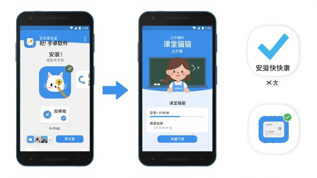 课堂猫软件在安卓手机上的安装使用步骤示意图,画面展示手机屏幕从应用安装界面到打开课堂猫主界面的流程,旁边有勾选权限和桌面快捷方式的图标,风格简洁扁平,蓝白配色,画质干净清晰