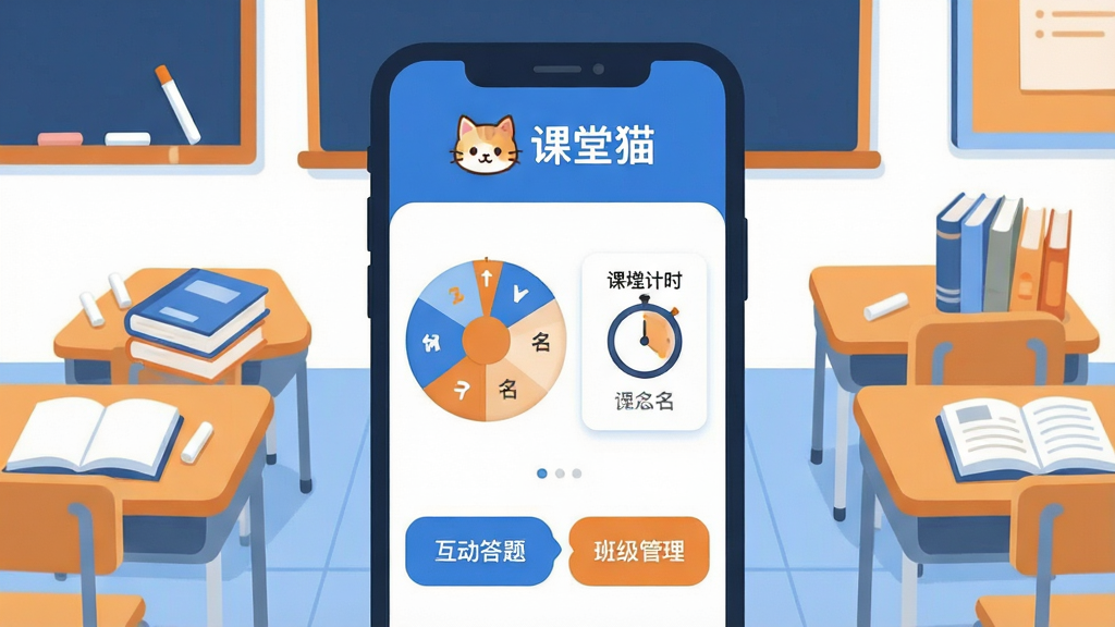 一张展示课堂猫软件核心全貌的插画,画面中央是手机屏幕显示课堂猫主界面,界面顶部有“课堂猫”字样和一只卡通猫头图标,中间是随机点名转盘和课堂计时器卡片,底部有互动答题和班级管理选项卡,周围环绕着教室课桌、粉笔、书本等元素,整体风格清新扁平化,蓝白主色调搭配暖橙色点缀,细节圆润干净,画质清晰无多余杂物