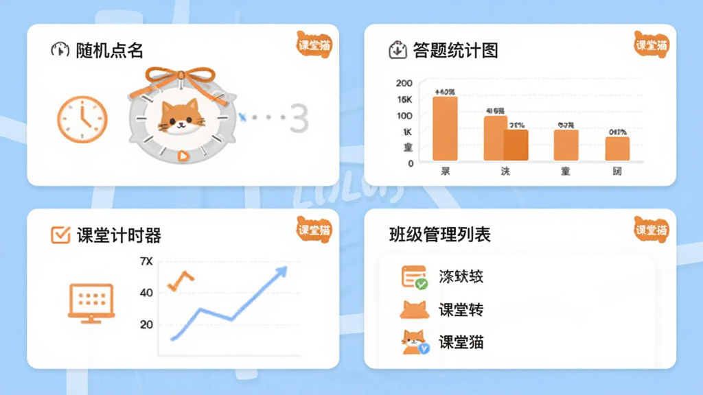 课堂猫软件功能特色展示图,画面分为几个卡片区域,分别展示随机点名转盘、课堂计时器、答题统计柱状图和班级管理列表,每个卡片角落都有“课堂猫”小标识,整体排版整齐,扁平化设计风格,浅蓝背景搭配白色卡片和橙色图标,画质干净利落