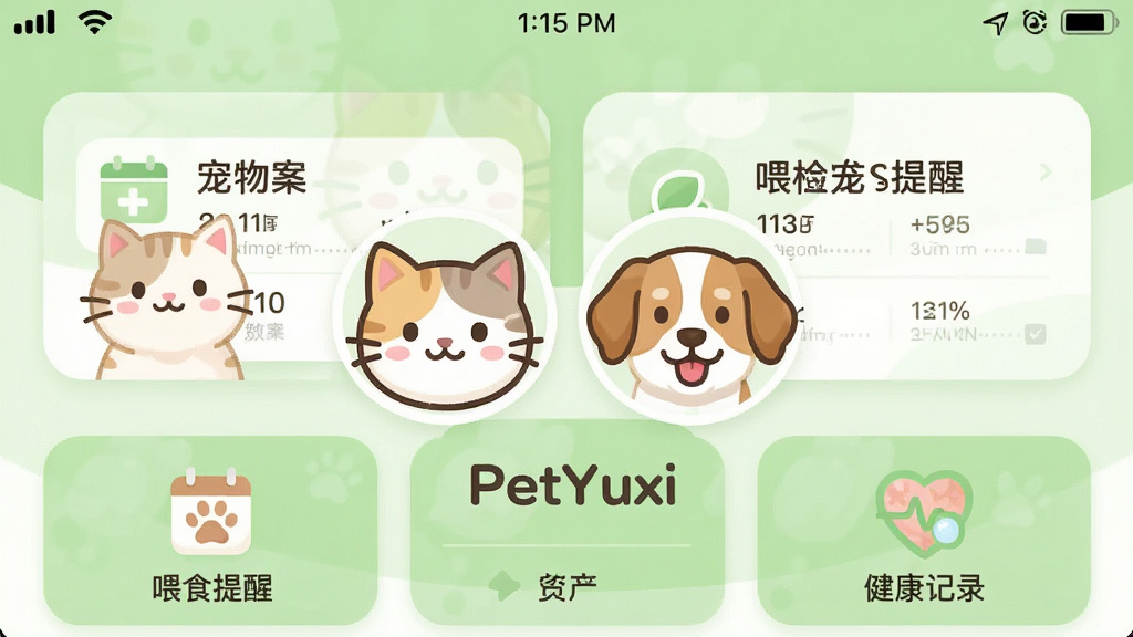 一张干净的手机应用主界面截图,画面中央是卡通风格的猫咪和狗狗头像并排展示,下方有“PetYuxi”字样,界面以浅绿色和白色为主色调,顶部状态栏显示时间,中间卡片式布局展示宠物档案、喂食提醒、健康记录三个模块,图标圆润可爱,整体风格清新扁平,画质清晰干净,无多余元素