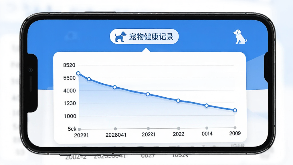 一张手机屏幕展示“PetYuxi”的体重趋势折线图界面,图表下方有日期轴和体重数值,折线呈平缓下降趋势,图表上方有“宠物健康记录”标签,旁边有小狗剪影图标,整体配色为蓝白,界面简洁现代,画质干净清晰