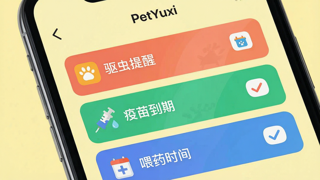 一张手机界面特写,屏幕中央显示“PetYuxi”的提醒列表页面,上面有“驱虫提醒”“疫苗到期”“喂药时间”三个彩色卡片,每个卡片右侧有勾选按钮,背景是淡黄色,界面文字清晰,图标采用扁平化设计,整体画质干净明亮,无杂乱元素