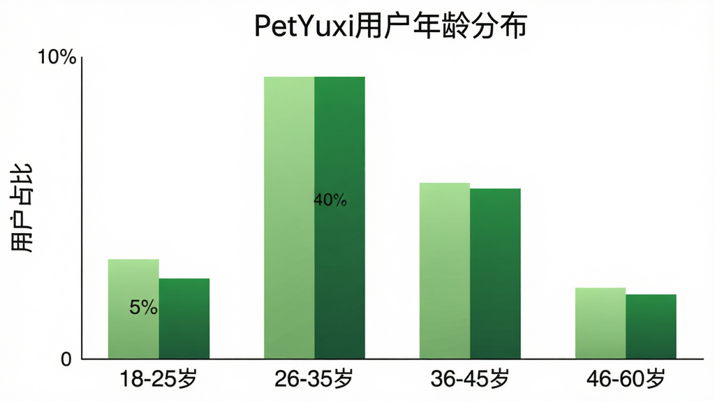 一张柱状图,横轴标注“18-25岁”“26-35岁”“36-45岁”“46-60岁”四个年龄段,纵轴标注“用户占比”,柱子高度分别约为25%、40%、25%、10%,柱体颜色为浅绿色和深绿色渐变,图表标题为“PetYuxi用户年龄分布”,背景白色,画质干净清晰