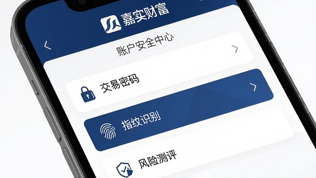 嘉实财富App的安全设置页面截图,手机屏幕显示账户安全中心界面,包含“交易密码”“指纹识别”“风险测评”等选项,顶部有“嘉实财富”标识,界面风格稳重简洁,配色以深蓝和白色为主,细节清晰,画质干净无多余元素