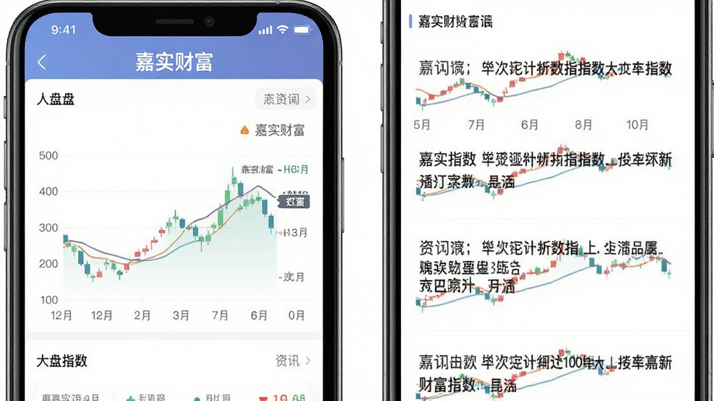 嘉实财富App的行情资讯页面截图,手机屏幕显示大盘指数走势图和资讯列表,顶部有“嘉实财富”字样,页面布局清晰,图表配色柔和,风格专业简洁,画质干净无多余元素